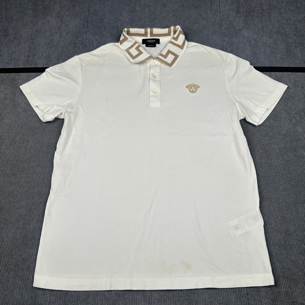 Versace Mens Taylor Fit Greca Collar Medusa Logo Polo Shirt White Gold A87402 M